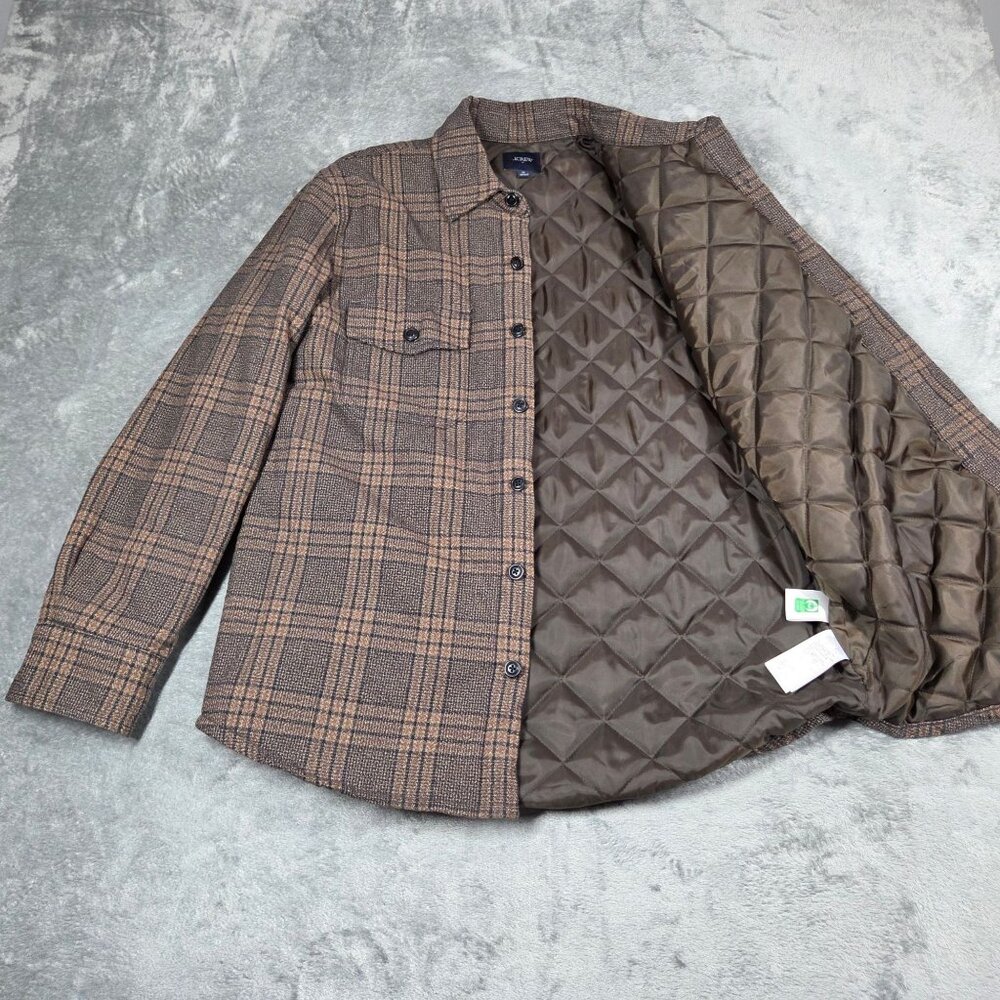 J Crew Jacket Mens Medium Brown Glen Plaid Flannel Quilt Lined Preppy Shacket